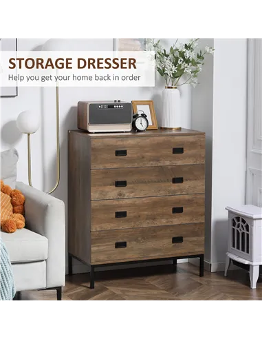 HOMCOM Chest of Drawers, 4-Drawer Storage Organiser Unit with Metal Frame for Bedroom, Living Room, Brown