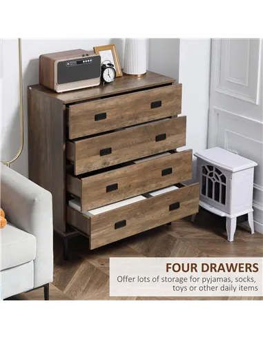 HOMCOM Chest of Drawers, 4-Drawer Storage Organiser Unit with Metal Frame for Bedroom, Living Room, Brown