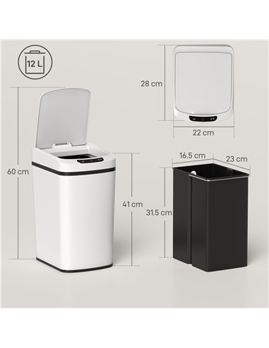 HOMCOM 12L Sensor Bin, Automatic Touchless Motion Sensor Kitchen Bin with Fingerprint Resistant Stainless Steel, White