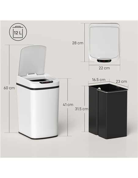 HOMCOM 12L Sensor Bin, Automatic Touchless Motion Sensor Kitchen Bin with Fingerprint Resistant Stainless Steel, White