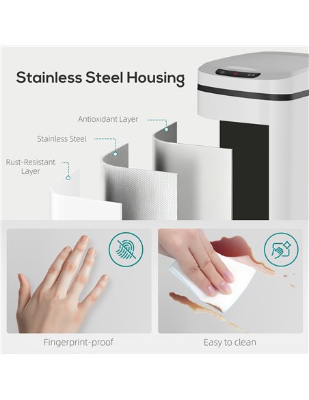 HOMCOM 12L Sensor Bin, Automatic Touchless Motion Sensor Kitchen Bin with Fingerprint Resistant Stainless Steel, White