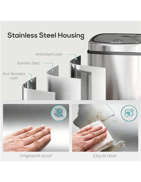 HOMCOM 50L Stainless Steel Sensor Bin - Silver Tone