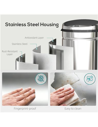 HOMCOM 50L Stainless Steel Sensor Bin - Silver Tone