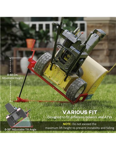 HOMCOM 400 kg Foldable Ride-On Mower Jack Lift, Adjustable Steel Lifting Device, for Lawn Mower, ATV, Red