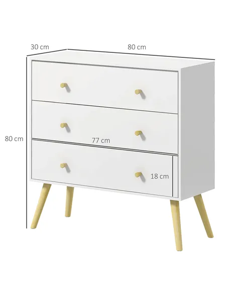 HOMCOM Chest of Drawers, 3-Drawer Storage Organiser Unit with Wood Legs for Bedroom, Living Room, White