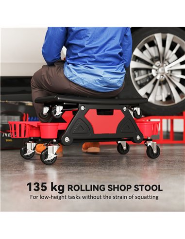 HOMCOM Rolling Mechanic Stool, 135kg Capacity Workshop Stool with 360° Swivel Wheels, Roller Creeper Seat with Slide Out Tool Tr