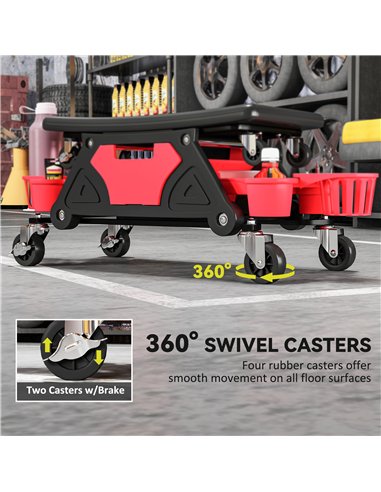 HOMCOM Rolling Mechanic Stool, 135kg Capacity Workshop Stool with 360° Swivel Wheels, Roller Creeper Seat with Slide Out Tool Tr
