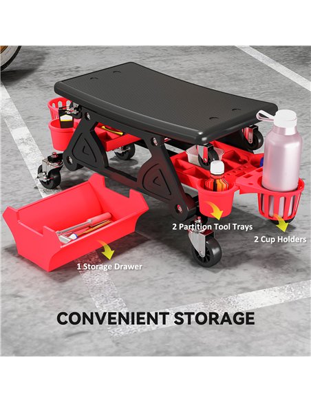 HOMCOM Rolling Mechanic Stool, 135kg Capacity Workshop Stool with 360° Swivel Wheels, Roller Creeper Seat with Slide Out Tool Tr