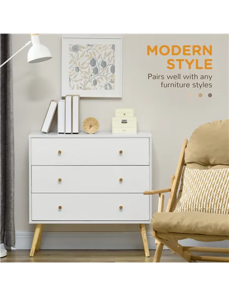 HOMCOM Chest of Drawers, 3-Drawer Storage Organiser Unit with Wood Legs for Bedroom, Living Room, White