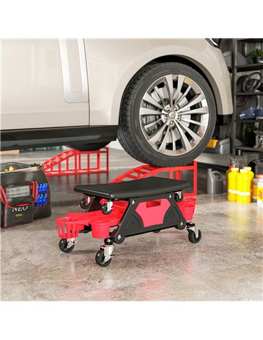 HOMCOM Rolling Mechanic Stool, 135kg Capacity Workshop Stool with 360° Swivel Wheels, Roller Creeper Seat with Slide Out Tool Tr