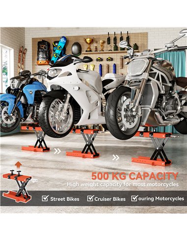 HOMCOM 500 kg Motorcycle Scissor Lift Jack, Heavy Duty Steel Adjustable Motorbike Lifting Hoist Stand with Safety Pin, Foldable 