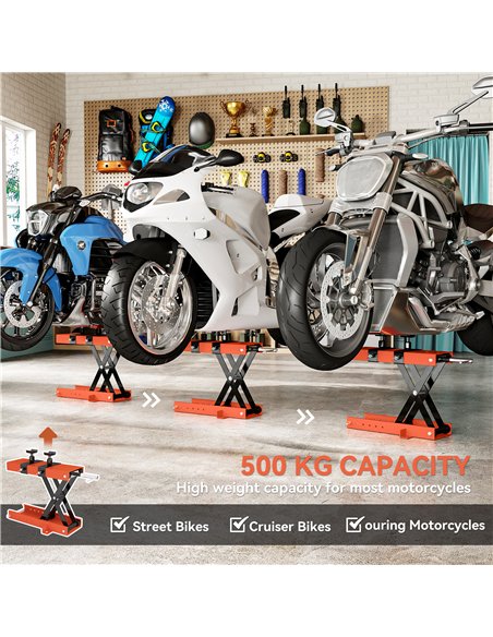 HOMCOM 500 kg Motorcycle Scissor Lift Jack, Heavy Duty Steel Adjustable Motorbike Lifting Hoist Stand with Safety Pin, Foldable 