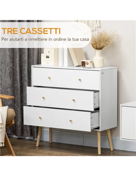 HOMCOM Chest of Drawers, 3-Drawer Storage Organiser Unit with Wood Legs for Bedroom, Living Room, White