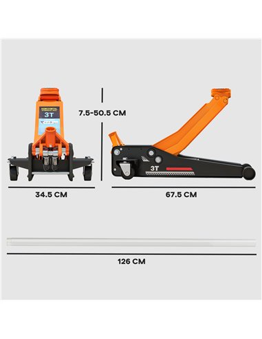 HOMCOM 3 Ton Hydraulic Low-Profile Floor Jack, with 7.5-50.5cm Lifting Range, Wheels, Orange