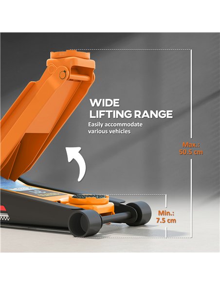 HOMCOM 3 Ton Hydraulic Low-Profile Floor Jack, with 7.5-50.5cm Lifting Range, Wheels, Orange