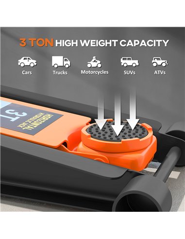 HOMCOM 3 Ton Hydraulic Low-Profile Floor Jack, with 7.5-50.5cm Lifting Range, Wheels, Orange