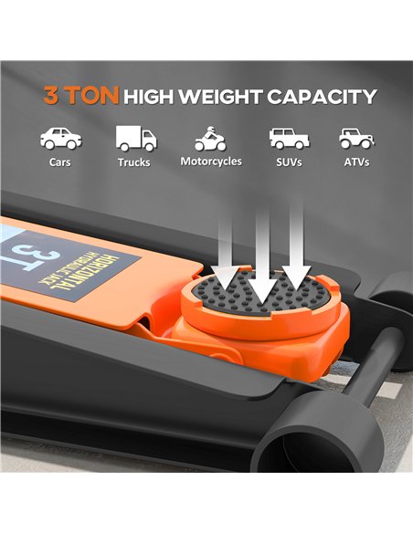 HOMCOM 3 Ton Hydraulic Low-Profile Floor Jack, with 7.5-50.5cm Lifting Range, Wheels, Orange