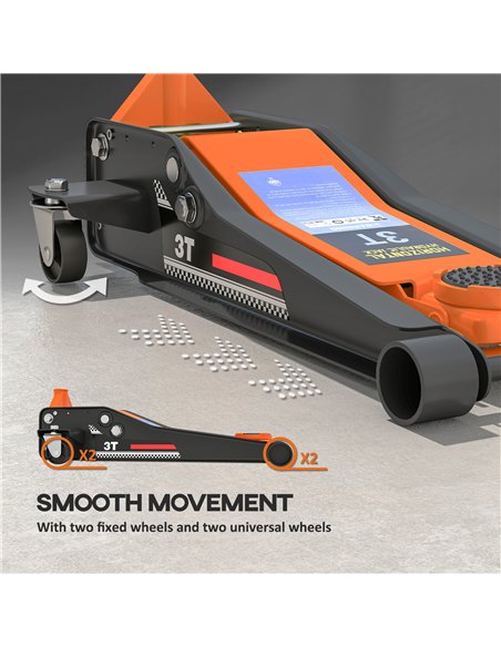 HOMCOM 3 Ton Hydraulic Low-Profile Floor Jack, with 7.5-50.5cm Lifting Range, Wheels, Orange
