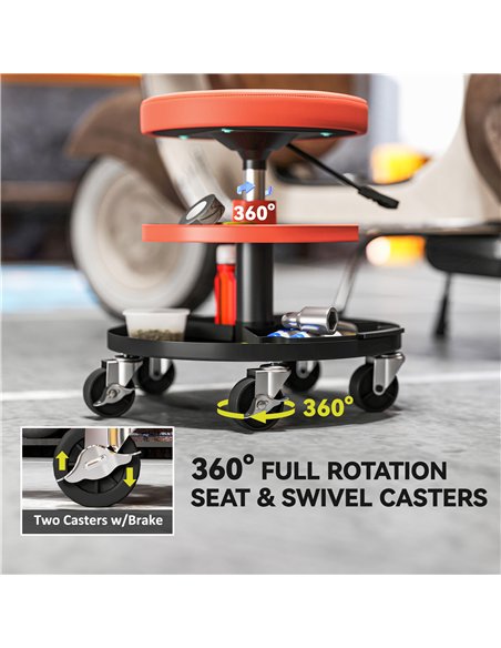 HOMCOM Rolling Mechanic Stool, 135kg Capacity Workshop Stool, 360° Swivel Roller Padded Creeper Seat with Wheels, Tool Trays Sto