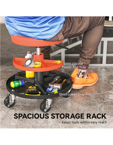 HOMCOM Rolling Mechanic Stool, 135kg Capacity Workshop Stool, 360° Swivel Roller Padded Creeper Seat with Wheels, Tool Trays Sto