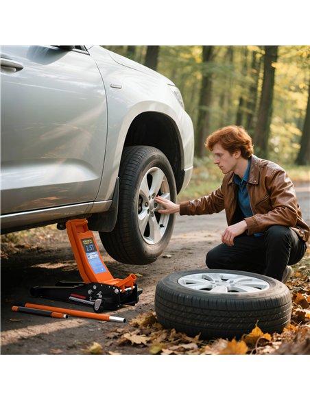 HOMCOM 2.5 Ton Hydraulic Low-Profile Floor Jack, with 7.5-47cm Lifting Range, Wheels, Orange