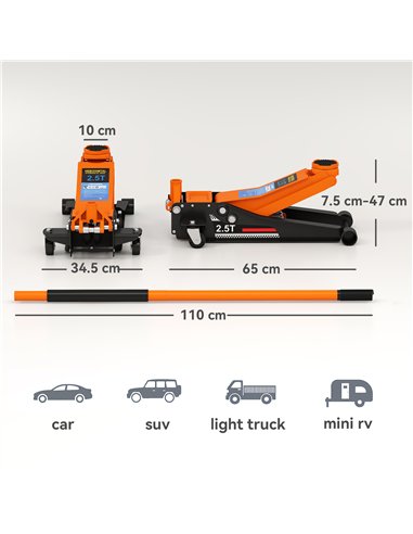HOMCOM 2.5 Ton Hydraulic Low-Profile Floor Jack, with 7.5-47cm Lifting Range, Wheels, Orange