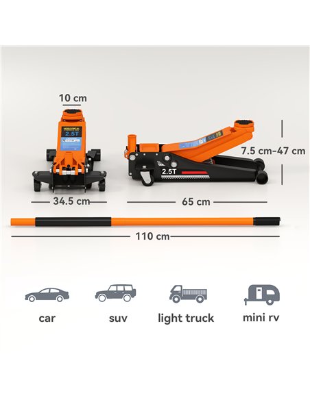 HOMCOM 2.5 Ton Hydraulic Low-Profile Floor Jack, with 7.5-47cm Lifting Range, Wheels, Orange