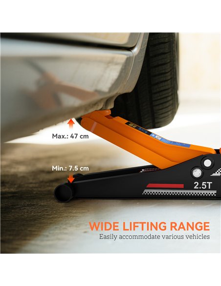 HOMCOM 2.5 Ton Hydraulic Low-Profile Floor Jack, with 7.5-47cm Lifting Range, Wheels, Orange
