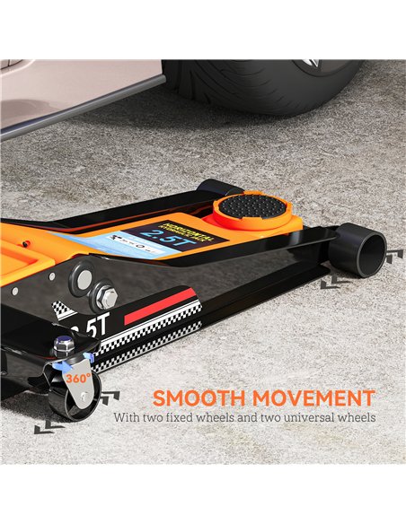 HOMCOM 2.5 Ton Hydraulic Low-Profile Floor Jack, with 7.5-47cm Lifting Range, Wheels, Orange