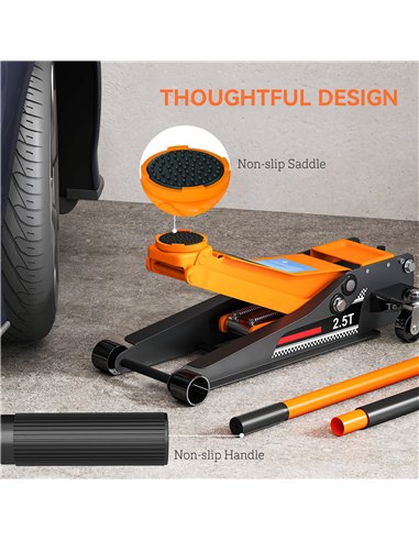 HOMCOM 2.5 Ton Hydraulic Low-Profile Floor Jack, with 7.5-47cm Lifting Range, Wheels, Orange