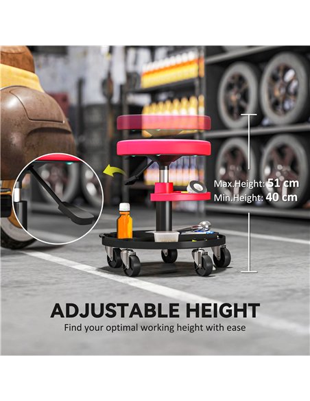 HOMCOM Rolling Mechanic Stool, 135kg Capacity Workshop Stool, 360° Swivel Roller Padded Creeper Seat with Wheels, Tool Trays Sto