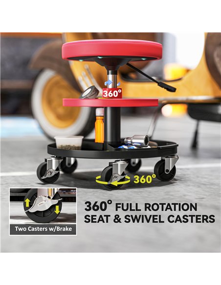 HOMCOM Rolling Mechanic Stool, 135kg Capacity Workshop Stool, 360° Swivel Roller Padded Creeper Seat with Wheels, Tool Trays Sto