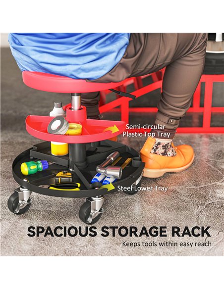 HOMCOM Rolling Mechanic Stool, 135kg Capacity Workshop Stool, 360° Swivel Roller Padded Creeper Seat with Wheels, Tool Trays Sto