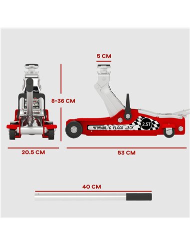 HOMCOM Hydraulic Low Profile Floor Jack, 2.5 Tonne Heavy Duty Steel Trolley Car Jack Lift with 80-360 mm Lifting Range, Wheels, 
