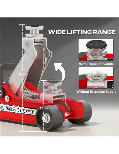 HOMCOM Hydraulic Low Profile Floor Jack, 2.5 Tonne Heavy Duty Steel Trolley Car Jack Lift with 80-360 mm Lifting Range, Wheels, 