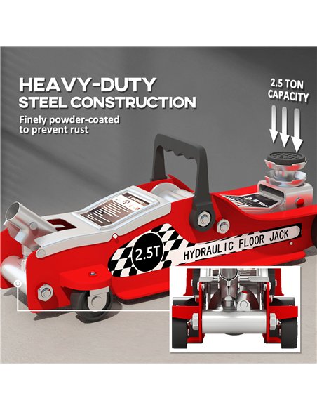 HOMCOM Hydraulic Low Profile Floor Jack, 2.5 Tonne Heavy Duty Steel Trolley Car Jack Lift with 80-360 mm Lifting Range, Wheels, 