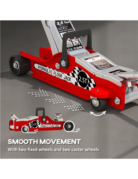 HOMCOM Hydraulic Low Profile Floor Jack, 2.5 Tonne Heavy Duty Steel Trolley Car Jack Lift with 80-360 mm Lifting Range, Wheels, 