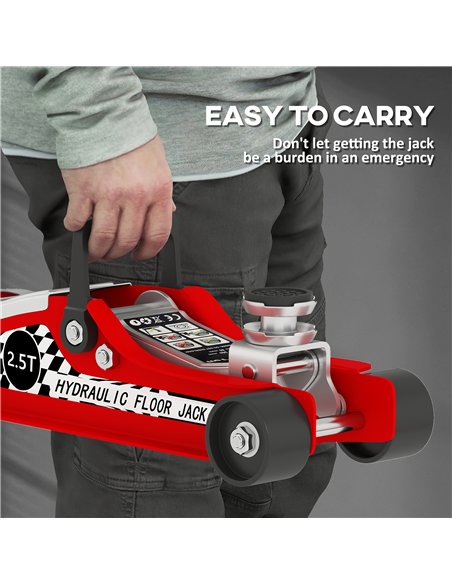 HOMCOM Hydraulic Low Profile Floor Jack, 2.5 Tonne Heavy Duty Steel Trolley Car Jack Lift with 80-360 mm Lifting Range, Wheels, 