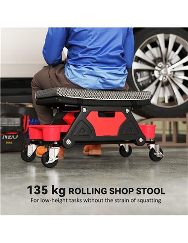 HOMCOM Rolling Mechanic Stool, 135kg Capacity Workshop Stool, 360° Swivel Roller Padded Creeper Seat with Wheels, Slide Out Tool