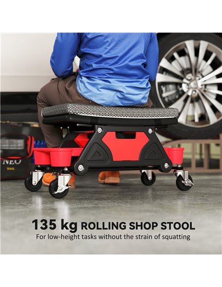 HOMCOM Rolling Mechanic Stool, 135kg Capacity Workshop Stool, 360° Swivel Roller Padded Creeper Seat with Wheels, Slide Out Tool