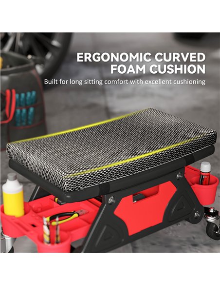 HOMCOM Rolling Mechanic Stool, 135kg Capacity Workshop Stool, 360° Swivel Roller Padded Creeper Seat with Wheels, Slide Out Tool