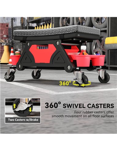 HOMCOM Rolling Mechanic Stool, 135kg Capacity Workshop Stool, 360° Swivel Roller Padded Creeper Seat with Wheels, Slide Out Tool