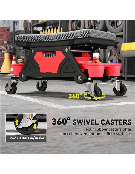 HOMCOM Rolling Mechanic Stool, 135kg Capacity Workshop Stool, 360° Swivel Roller Padded Creeper Seat with Wheels, Slide Out Tool