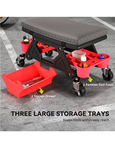 HOMCOM Rolling Mechanic Stool, 135kg Capacity Workshop Stool, 360° Swivel Roller Padded Creeper Seat with Wheels, Slide Out Tool