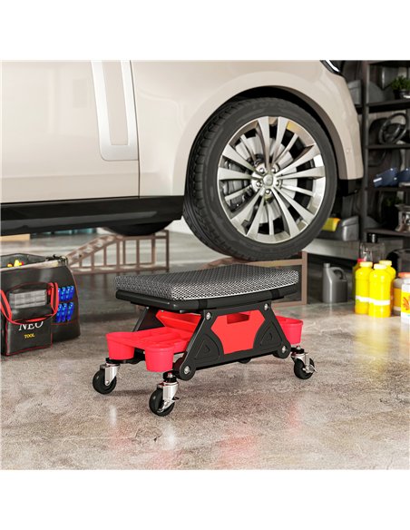 HOMCOM Rolling Mechanic Stool, 135kg Capacity Workshop Stool, 360° Swivel Roller Padded Creeper Seat with Wheels, Slide Out Tool