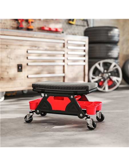 HOMCOM Rolling Mechanic Stool, 135kg Capacity Workshop Stool, 360° Swivel Roller Padded Creeper Seat with Wheels, Slide Out Tool
