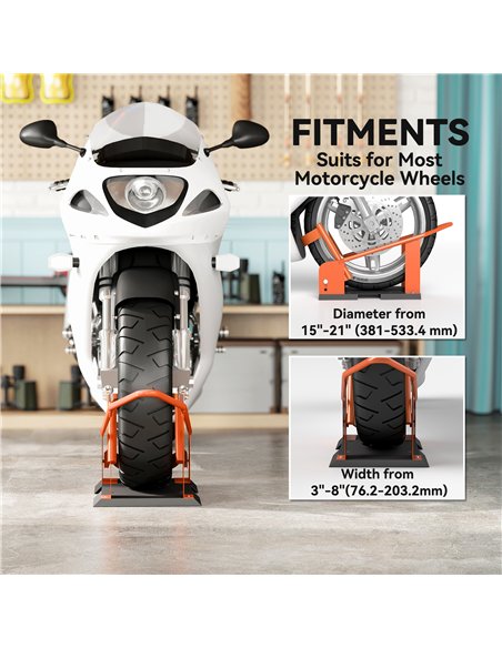 HOMCOM Motorcycle Wheel Chock, 816.5 kg Capacity Heavy Duty Steel Motorcycle Front Wheel Chock Holder with 3 Height Adjustable H