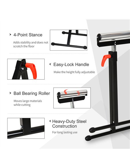 HOMCOM Set of 2 Folding Roller Stand, Material Support Pedestal with Ball Bearing Roller Height Adjustable Portable, Metal Const