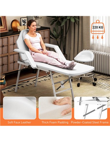 HOMCOM Portable Massage Table, 3 Section Adjustable Beauty Bed, Foldable Massage Bed with Face Hole, Recliner Chair with Removab