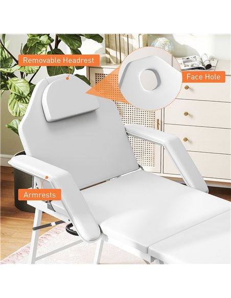 HOMCOM Portable Massage Table, 3 Section Adjustable Beauty Bed, Foldable Massage Bed with Face Hole, Recliner Chair with Removab